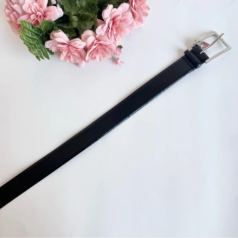 Anne Klein “AK” Black Genuine Leather Silver Lock Charm Rectangle Buckle Belt